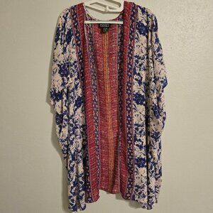 Angie Women's Size S Bohemian Floral Printed Kimono Long Cardigan Red Blue & Tan